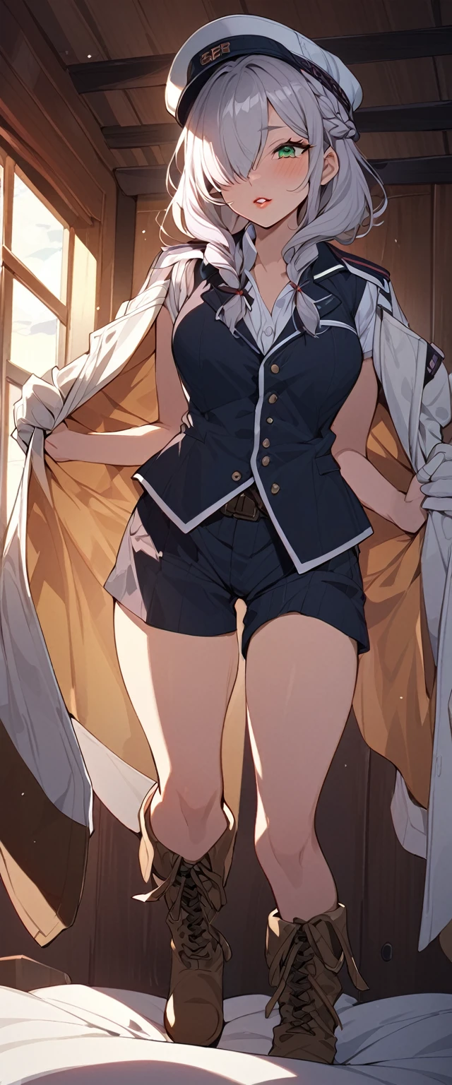BREAK Perfect Anatomy、(High resolution:1.2)、Incredible illustrations、(Cute illustrations:1.2)、(nsfw)(cinematic angle,ceiling,solo focus,)
(Beautiful background(Inside the special guest room,on the bed))
1girl((male focus,tom girl)(a girl, 1.7meters, 45kg,,dark skin:1.6,green eyes,silver hair,hair over one eye,long french braid,lipstick:1.2)(light smile)(netorare)
(tyrolean hat,rail road man's coat,Vest jacket with lines
slacks,workman's boots)(half undressed,repe:1.4)