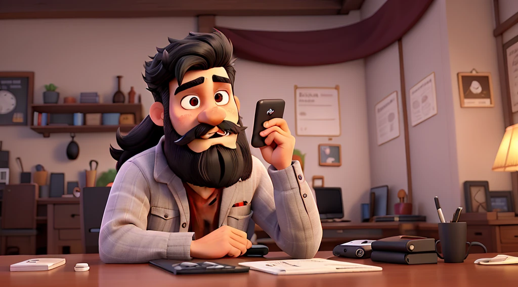 character with black hair, black beard and mustache, standing with tablet, in burgundy clothes and black pants