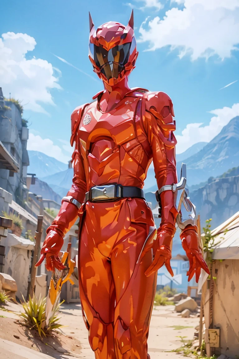 Muscular man, defined body, gold rings on all fingers, light blue colored gangster jacket, black shirt underneath jacket, long army pants of green color, military boots of brown color, evil smile, spiky orange hair, messy hair, short hair, yellow colored eyes, desert scenery with great mountains, scenery with monsters around. , power suit, powerranger, suit, spd, (Power ranger suit), gold detail, masked,