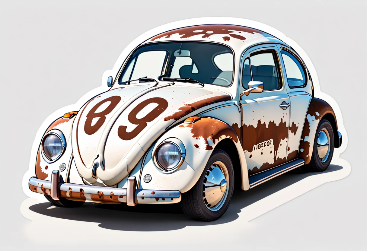 1 set, Exaggerated perspective, Manga style, VW Bug, Lower the front of the car to the ground、Facing your audience, Sticker design, Manga style, High resolution , Dark dirty colors, White Background, Rusty patina