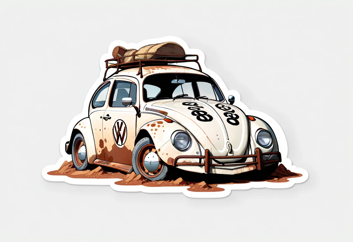 1 set, Exaggerated perspective, Manga style, VW Bug, Lower the front of the car to the ground、Facing your audience, Sticker design, Manga style, High resolution , Dark dirty colors, White Background, Rusty patina