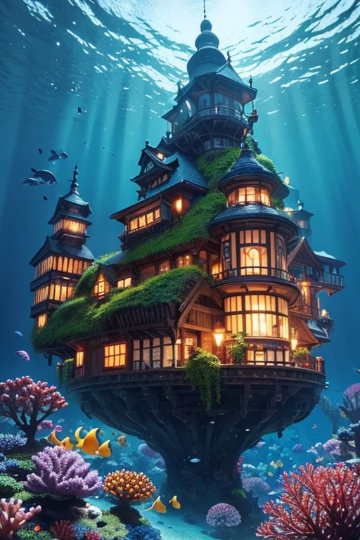 color (Fancy: 1.2), (Hayao Miyazaki style), (Irregular building floating under the sea), mosaic huts, moss decorations, coral, lights, concept art inspired by Andreas Rocha, Artstation contest winner, Fancy art, (underwater city), Rosa Tran, axes of light, realistic lighting, Masterpiece, high quality, beautiful graphics, high detail, Masterpiece, high quality, beautiful graphics, high detail, --v6