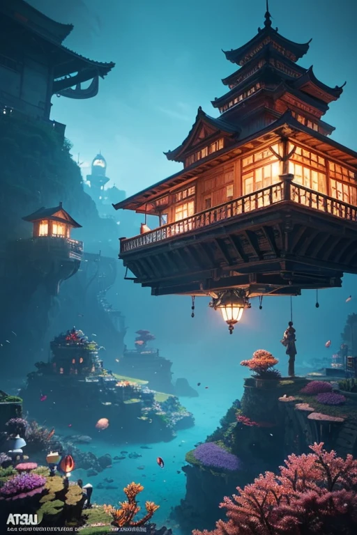 color (Fancy: 1.2), (Hayao Miyazaki style), (Irregular building floating under the sea), mosaic huts, moss decorations, coral, lights, concept art inspired by Andreas Rocha, Artstation contest winner, Fancy art, (underwater city), Rosa Tran, axes of light, realistic lighting, Masterpiece, high quality, beautiful graphics, high detail, Masterpiece, high quality, beautiful graphics, high detail, --v6