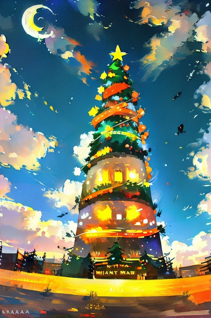 Painted in the style of modern art、In the center there is a big Christmas tree.、The image is surrounded by jack-o&#39;-lanterns.。The tree is decorated in vibrant colors、It features a modern design。Around the tree、Elements that evoke the atmosphere of a Japanese festival are arranged in the space.、There is a festive and lively atmosphere。The overall color scheme is bright.、Bright sunlight shining in the background。　It seems like Halloween
