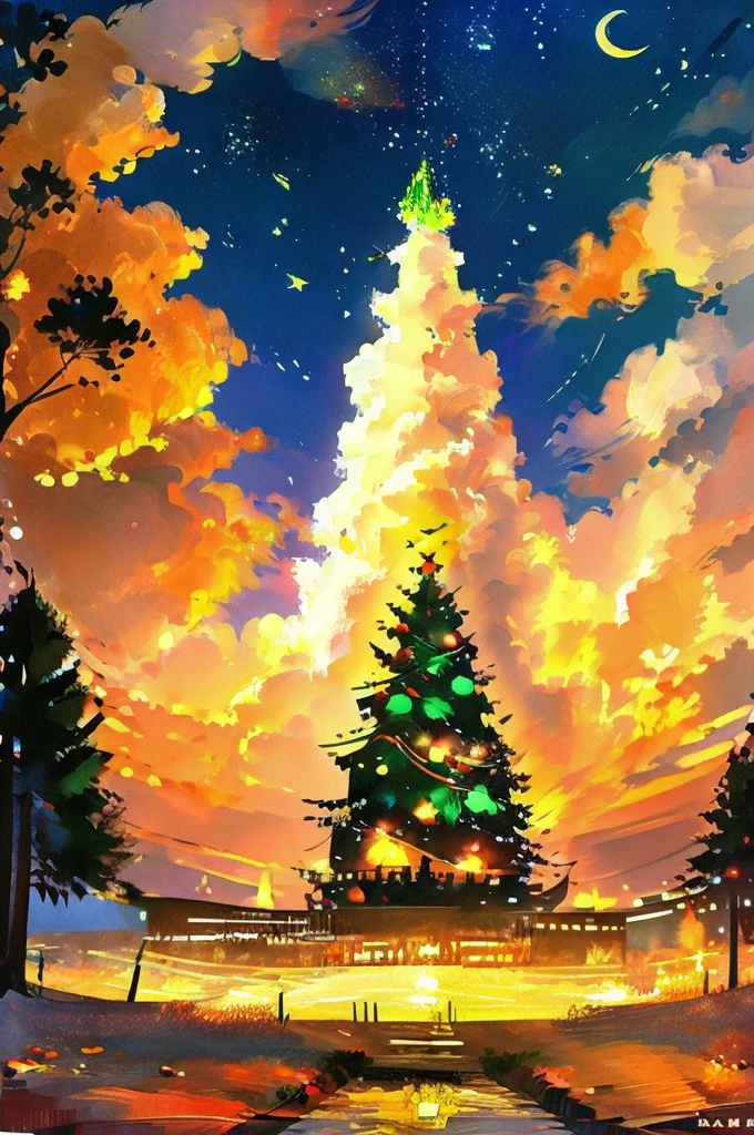 Painted in the style of modern art、In the center there is a big Christmas tree.、The image is surrounded by jack-o'-lanterns.。The tree is decorated in vibrant colors、It features a modern design。Around the tree、Elements that evoke the atmosphere of a Japanese festival are arranged in the space.、There is a festive and lively atmosphere。The overall color scheme is bright.、Bright sunlight shining in the background。 It seems like Halloween