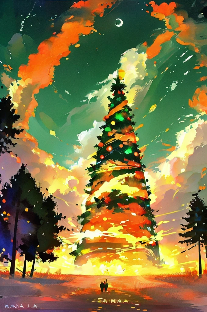 Painted in the style of modern art、In the center there is a big Christmas tree.、The image is surrounded by jack-o&#39;-lanterns.。The tree is decorated in vibrant colors、It features a modern design。Around the tree、Elements that evoke the atmosphere of a Japanese festival are arranged in the space.、There is a festive and lively atmosphere。The overall color scheme is bright.、Bright sunlight shining in the background。　It seems like Halloween
