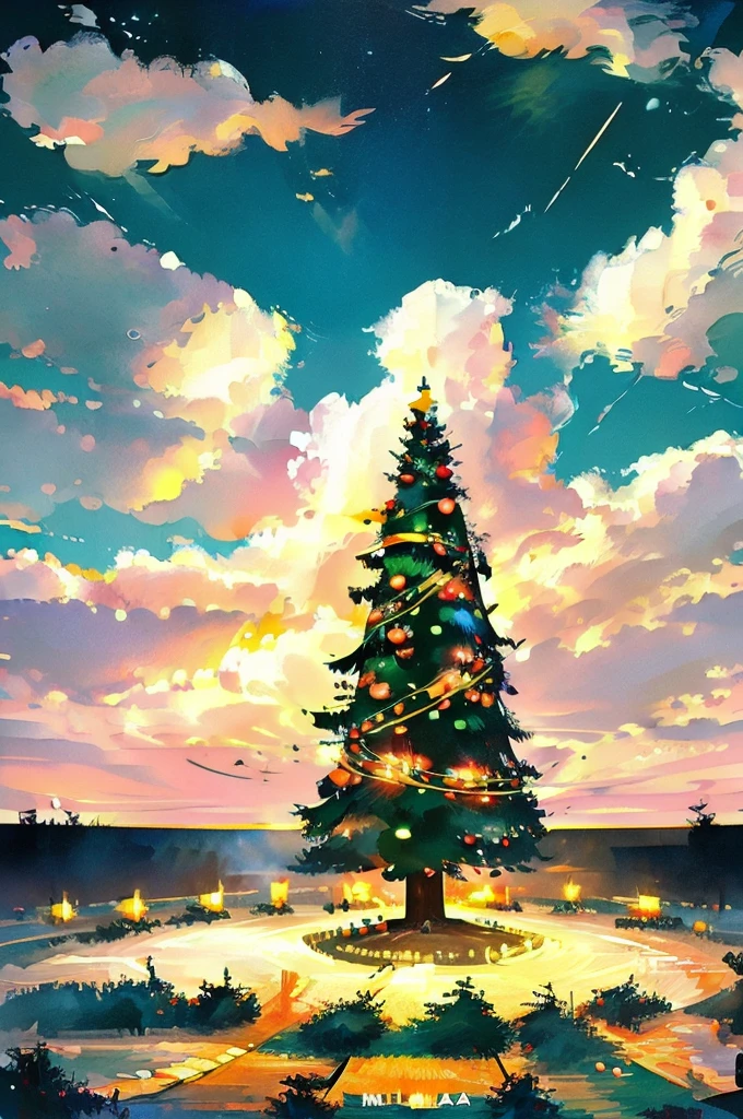 Painted in the style of modern art、In the center there is a big Christmas tree.、The image is surrounded by jack-o&#39;-lanterns.。The tree is decorated in vibrant colors、It features a modern design。Around the tree、Elements that evoke the atmosphere of a Japanese festival are arranged in the space.、There is a festive and lively atmosphere。The overall color scheme is bright.、Bright sunlight shining in the background。　It seems like Halloween
