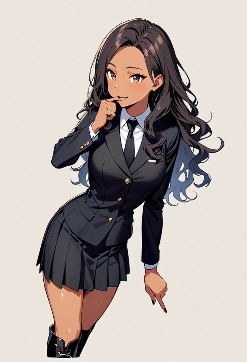 a woman, 19-years-old, solo, mature face, average height, tan skin, (long black wavy hair that's parted in the middle, no bangs:1.2), brown eyes, playful smile, cropped black blazer, cropped white formal shirt, black necktie, black nail polish, black pleated miniskirt, black knee-length boots, plain white background, leaning against wall, pointing at her mouth