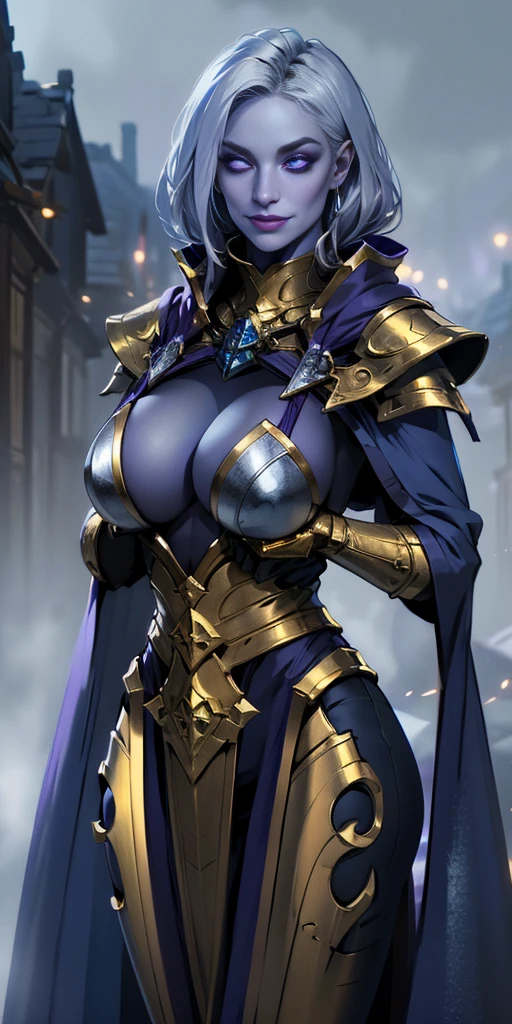 (Female chest covered)(smile) Gray skin, pale golden hair and violet eyes. She prefers clothing of white and silver with cloaks of deep blue or purple, village background, huge_knockers ((very precise detailed)) ((highres)