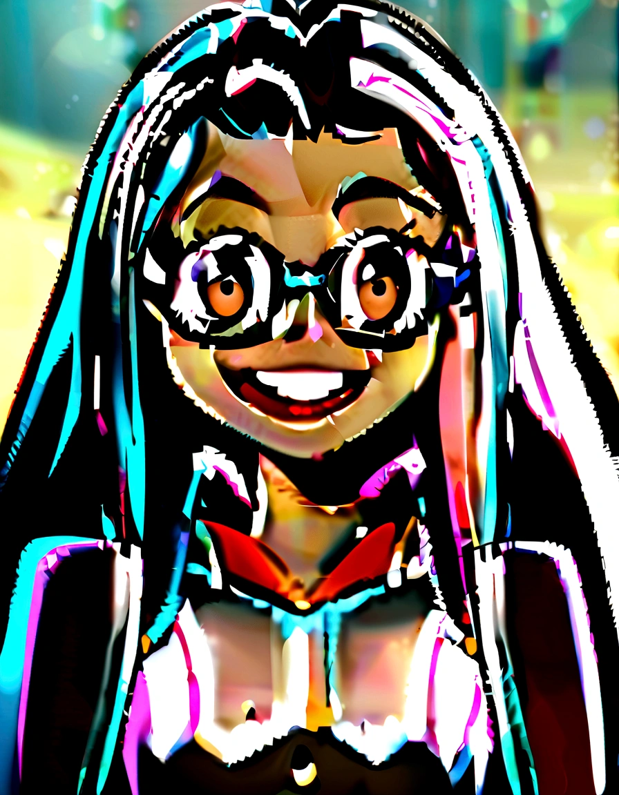 Pixar style image with 3D character black glasses woman long straight hair dark brown eyes dancing with open arms or holding a cake, or saying good morning, Disney makeup,fisherman, cute, smiling ,close up, pixar, Disney, cinema lighting,