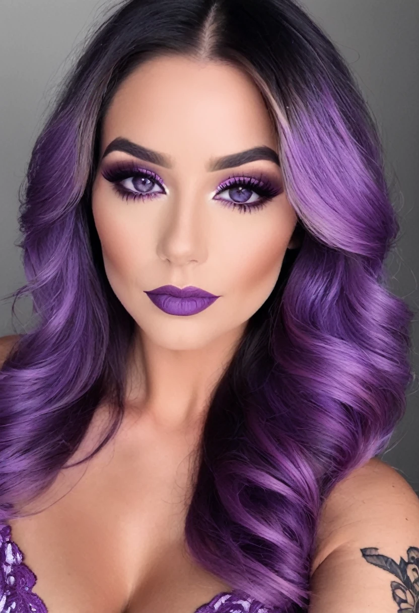 Sublime femme 35ans avec de très longs cheveux violet et un tatouage sur la poitrine, Lèvres détaillées, Yeux détaillés, cil détaillé, visage détaillé, cheveux violet, visage de séduction, ((maquillage violet, extraordinaire tatouage minimaliste au traits très fins)), (sublime longue robe de soirée complexe et finement détaillée), photo du milieu du corps,  sublime poitrine décolleté effet push-up, lactating:1.7,drawing of a minimalist tattoo, ((sur une plage la nuit, nuit étoilée ))