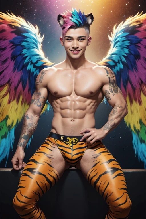 Cute very young male Angel with very colorful tiger fur all over the body, completely colorful from head to toe, colorful angel tiger, buntes tigerstreifentattoo auf ganzem Körper!!!, large wings, short mohawk hairstyle, european, Scandinavian, bunte tigerhaut, striped skin, naive, Hänfling, skinny, Nordic, rainbow-Fell, big eyes, smile, tigerfell, tiger, rainbowtiger, rainbow
