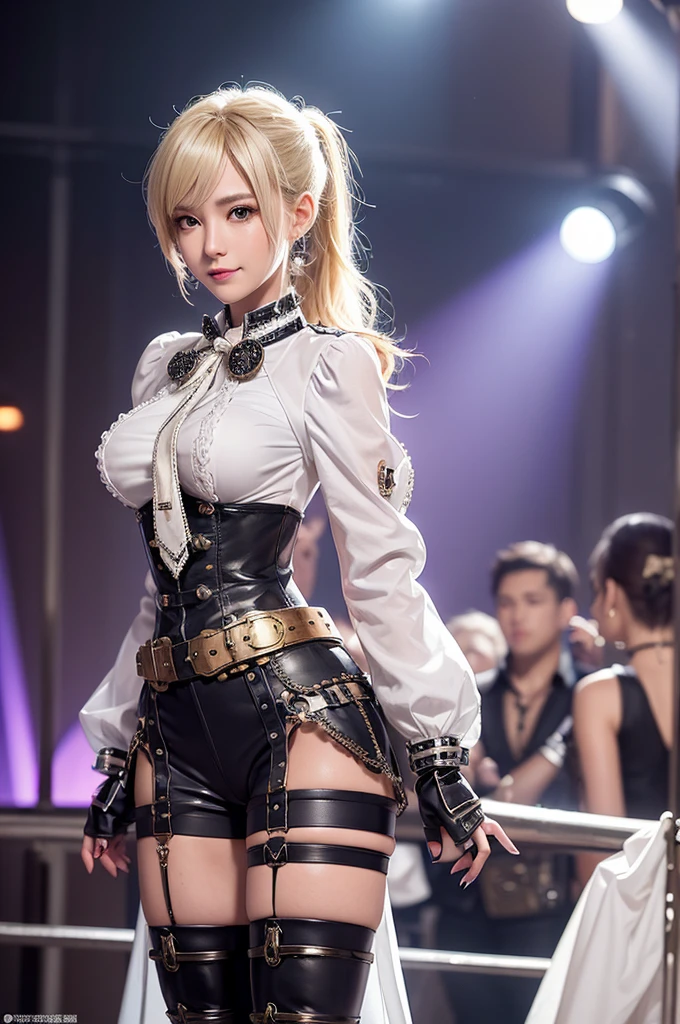 Full body, gray hair, (Dragoon: 1.2), Brantovan, masterpiece, best quality, official art, very elaborate CG Unity 8K wallpaper, for girls, ultra high resolution, (photorealistic: 1.4), golden hour lighting, sweater dress, (upper body), (platinum shorthair: 0.8), (puffy eyes), looking at the viewer, frontal, smile, medium breasts, gentle smile, Shirt lift, gloves, short hair
