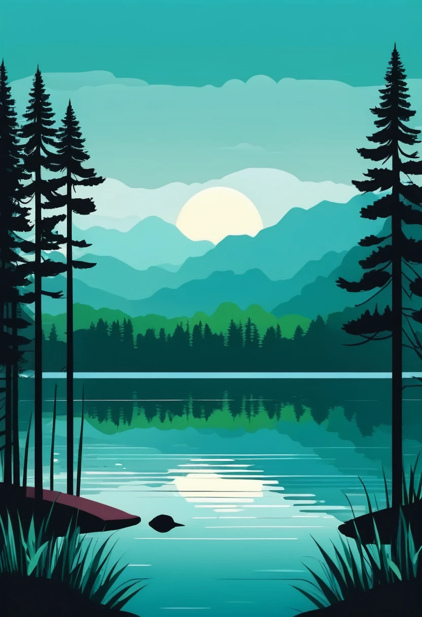 forest with lake scenery illustration flat design