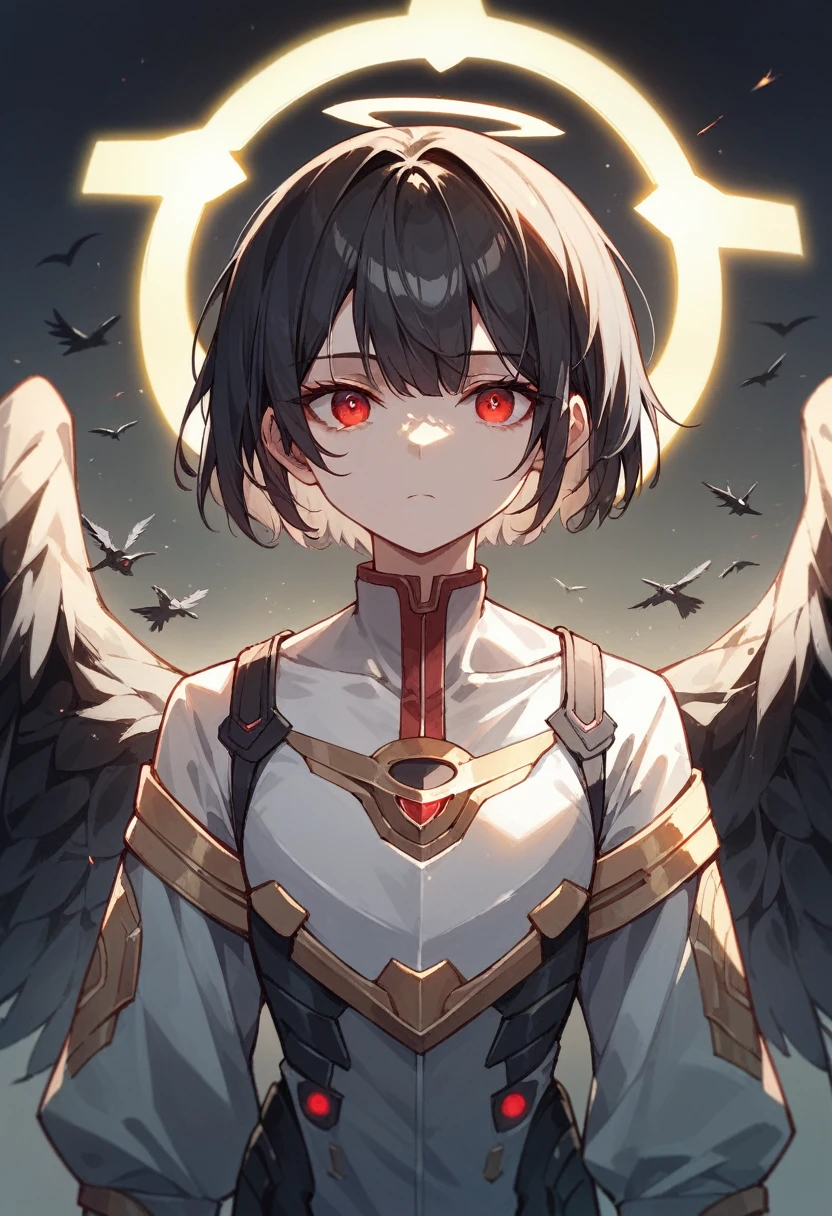 NSFW,girl(Medium short bob hair,Black Hair,Bright red eyes,Expressionless),(Black wings,Golden Angel Halo),A cyber suit that shows normal chest and body lines,Crow,The city lights shine golden、Create a dramatic atmosphere,Owns a laser gun
