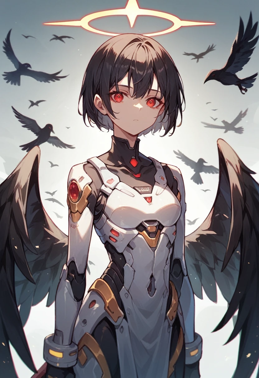 NSFW,girl(Medium short bob hair,Black Hair,Bright red eyes,Expressionless),(Black wings,Golden Angel Halo),A cyber suit that shows normal chest and body lines,Crow,The city lights shine golden、Create a dramatic atmosphere,Owns a laser gun