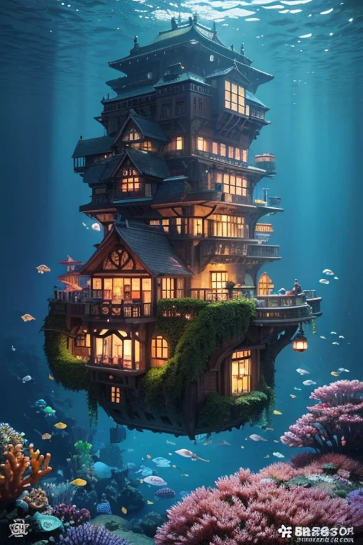 color (Fancy: 1.2), (Hayao Miyazaki style), (Irregular building floating under the sea), mosaic huts, moss decorations, coral, lights, concept art inspired by Andreas Rocha, Artstation contest winner, Fancy art, (underwater city), Rosa Tran, axes of light, realistic lighting, Masterpiece, high quality, beautiful graphics, high detail, Masterpiece, high quality, beautiful graphics, high detail, --v6