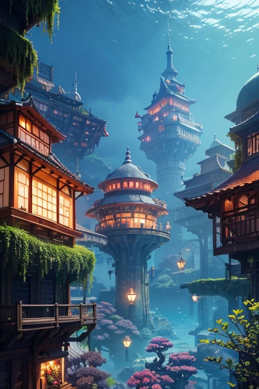 color (Fancy: 1.2), (Hayao Miyazaki style), (Irregular building floating under the sea), mosaic huts, moss decorations, coral, lights, concept art inspired by Andreas Rocha, Artstation contest winner, Fancy art, (underwater city), Rosa Tran, axes of light, realistic lighting, Masterpiece, high quality, beautiful graphics, high detail, Masterpiece, high quality, beautiful graphics, high detail, --v6