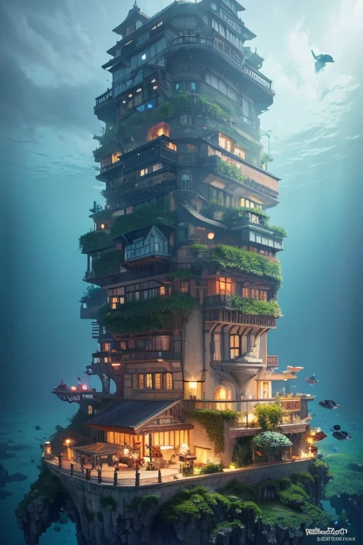 color (Fancy: 1.2), (Hayao Miyazaki style), (Irregular building floating under the sea), mosaic huts, moss decorations, coral, lights, concept art inspired by Andreas Rocha, Artstation contest winner, Fancy art, (underwater city), Rosa Tran, axes of light, realistic lighting, Masterpiece, high quality, beautiful graphics, high detail, Masterpiece, high quality, beautiful graphics, high detail, --v6