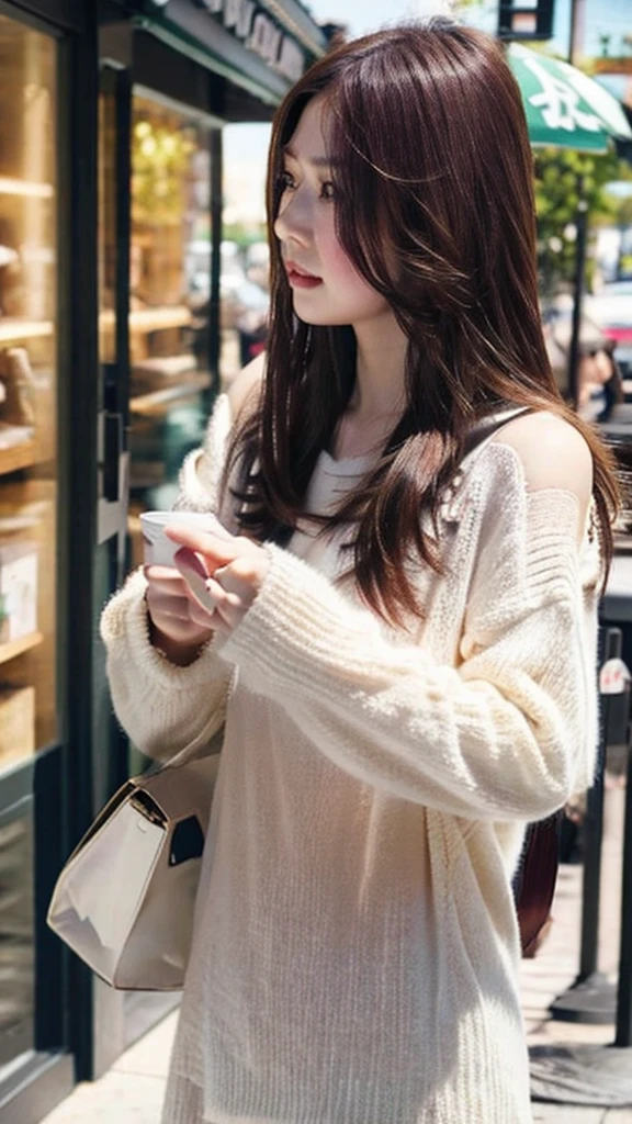 Starbucks Cafe, A fashionable town in the daytime, Beautiful adult woman, Late 20s, Simple clothing, Double, Long Hair, Brown Hair