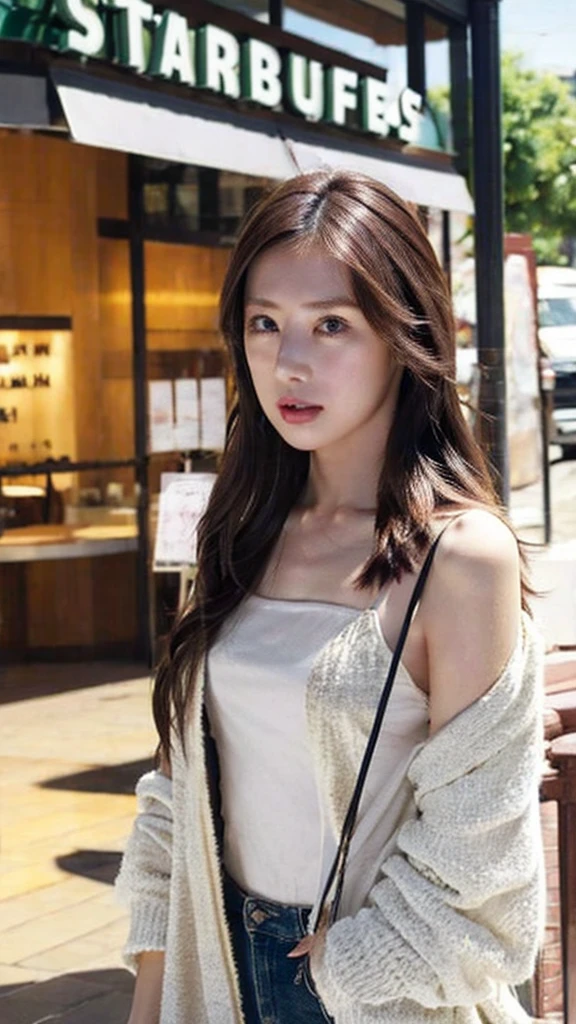 Starbucks Cafe, A fashionable town in the daytime, Beautiful adult woman, Late 20s, Simple clothing, Double, Long Hair, Brown Hair