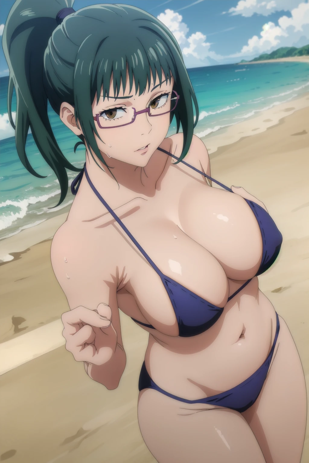 1girl, beautiful ,zenin_maki,ponytail,glasses,bangs,green hair,brown eyes, looking at the viewer, blue theme, blue background, cloudy sky, sunlight, sweat, orgasmic, bikini swimsuit, large breasts, cleavage, belly button exposed, collarbone, thighs, sea and beach,