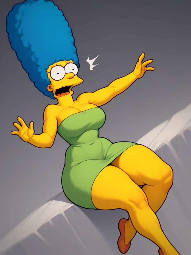 margue simpson, huge tits con enormes muslos anchos, huge tits, surprised expression, ojos mirando sus huge tits, short green dress, blue afro hair, yellow skin, big thighs