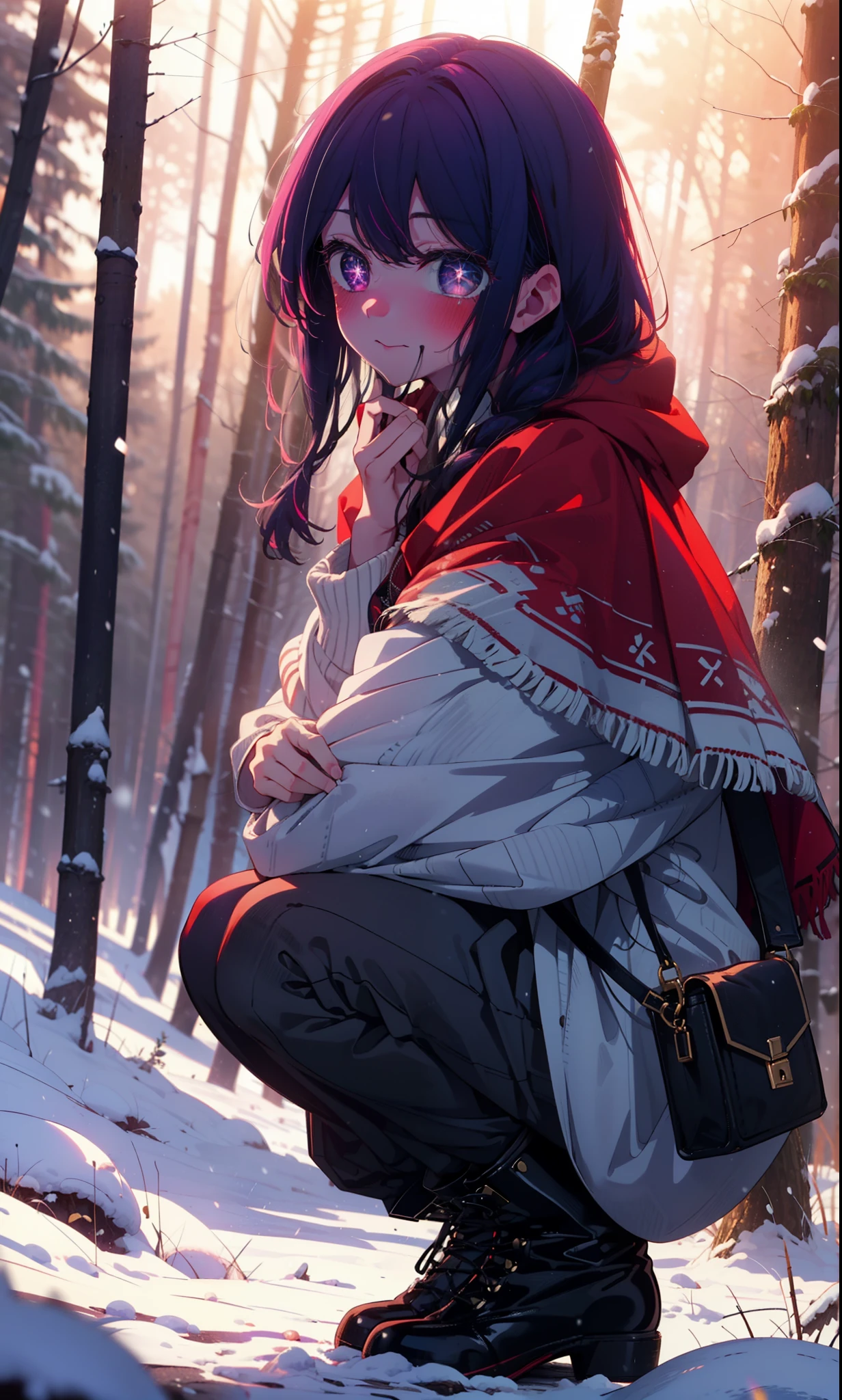 aihoshino, Ai Hoshino, Long Hair, bangs, (Purple eyes:1.1), Purple Hair, (Symbol-shaped pupil:1.5), smile,,smile,blush,White Breath,
Open your mouth,snow,Ground bonfire, Outdoor, boots, snowing, From the side, wood, suitcase, Cape, Blurred, , forest, White handbag, nature, Squat, Mouth closed, Cape, winter, Written boundary depth, Black shoes, red Cape break looking at viewer, Upper Body, whole body, break Outdoor, forest, nature, break (masterpiece:1.2), Highest quality, High resolution, unity 8k wallpaper, (shape:0.8), (Beautiful and beautiful eyes:1.6), Highly detailed face, Perfect lighting, Extremely detailed CG, (Perfect hands, Perfect Anatomy),
