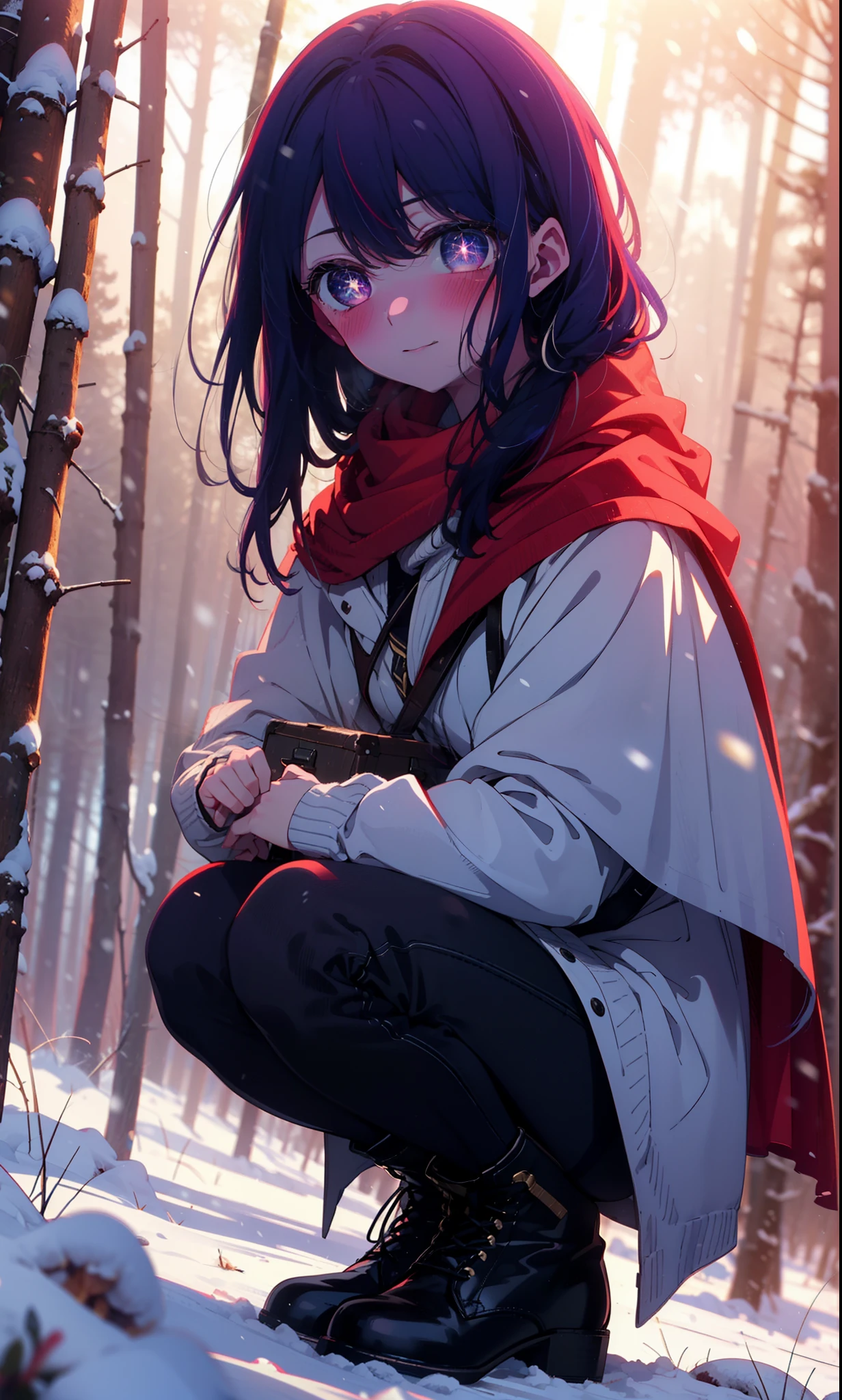 aihoshino, Ai Hoshino, Long Hair, bangs, (Purple eyes:1.1), Purple Hair, (Symbol-shaped pupil:1.5), smile,,smile,blush,White Breath,
Open your mouth,snow,Ground bonfire, Outdoor, boots, snowing, From the side, wood, suitcase, Cape, Blurred, , forest, White handbag, nature, Squat, Mouth closed, Cape, winter, Written boundary depth, Black shoes, red Cape break looking at viewer, Upper Body, whole body, break Outdoor, forest, nature, break (masterpiece:1.2), Highest quality, High resolution, unity 8k wallpaper, (shape:0.8), (Beautiful and beautiful eyes:1.6), Highly detailed face, Perfect lighting, Extremely detailed CG, (Perfect hands, Perfect Anatomy),