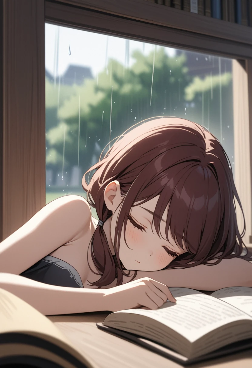 ((Best quality, masterpiece)), one young woman sleeping with head on open book, eyelashes, close up, beside window, rain falling outside, gray strapless shirt with white trim, black jeans, gray eyes, swept bangs, low twin tails, dark red hair, stoic, asleep, library, sitting on chair in front of table, willow trees, depth of field, blurred background, light particles, windy, small breasts, toned arms, (particles:1.1), bent over pov, from side