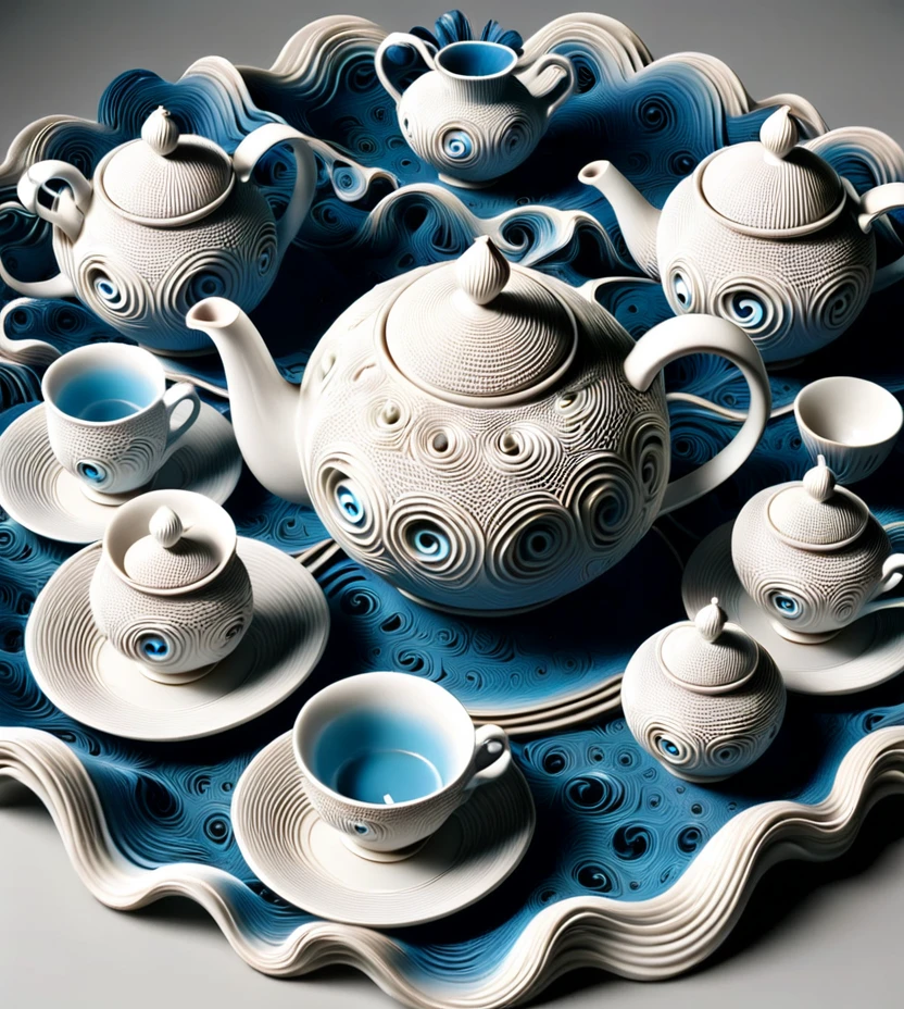 Porcelain vintage tea set, Alice in wonderland,3d, depth perception, fractals holes, spiral, fantasy, 