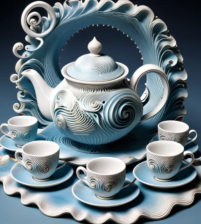 Porcelain vintage tea set, Alice in wonderland,3d, depth perception, fractals holes, spiral, fantasy, 