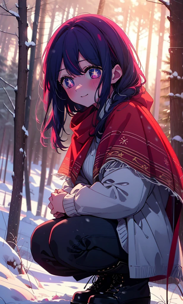 aihoshino, Ai Hoshino, Long Hair, bangs, (Purple eyes:1.1), Purple Hair, (Symbol-shaped pupil:1.5), smile,,smile,blush,White Breath,
Open your mouth,snow,Ground bonfire, Outdoor, boots, snowing, From the side, wood, suitcase, Cape, Blurred, , forest, White handbag, nature, Squat, Mouth closed, Cape, winter, Written boundary depth, Black shoes, red Cape break looking at viewer, Upper Body, whole body, break Outdoor, forest, nature, break (masterpiece:1.2), Highest quality, High resolution, unity 8k wallpaper, (shape:0.8), (Beautiful and beautiful eyes:1.6), Highly detailed face, Perfect lighting, Extremely detailed CG, (Perfect hands, Perfect Anatomy),