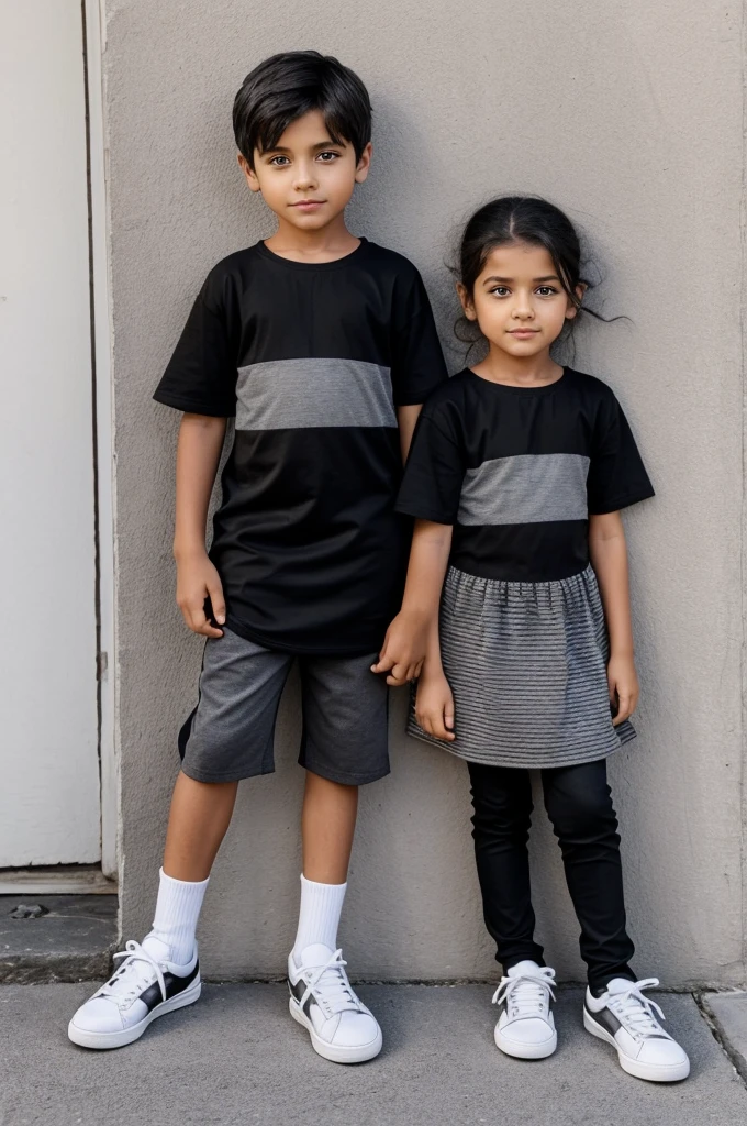 A 7  brother and sister, The brother wears a black shirt and pants and dark brown boots, He has a scar on his right eye and gray hair., the sister is wearing a gray and white striped dress, He is wearing white sneakers, his hair is black, They both have purple eye color