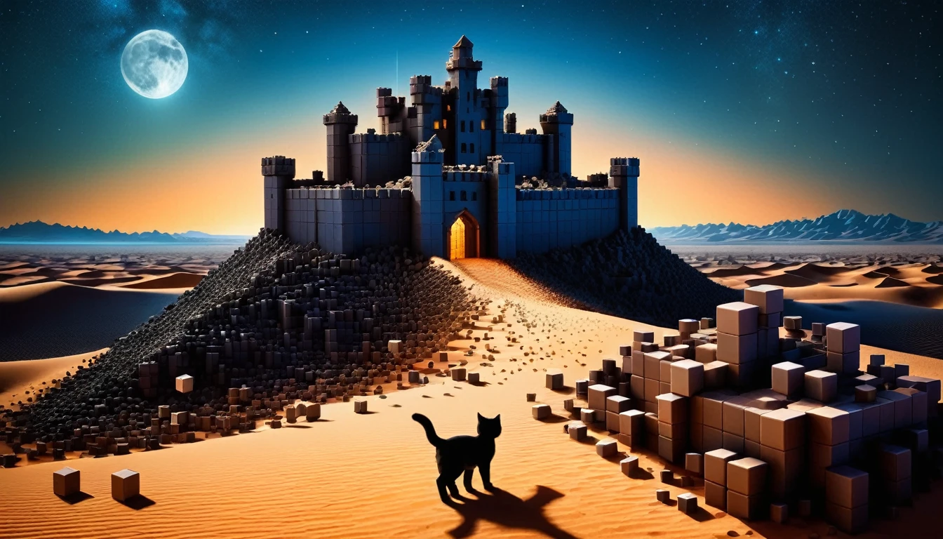 A desert made of small RAL-3D cubes,An old castle stands,Midnight in the desert,Several small RAL-3D cubes fall from above,Wrapped in a fantastic dark light,A kitten is watching from afar