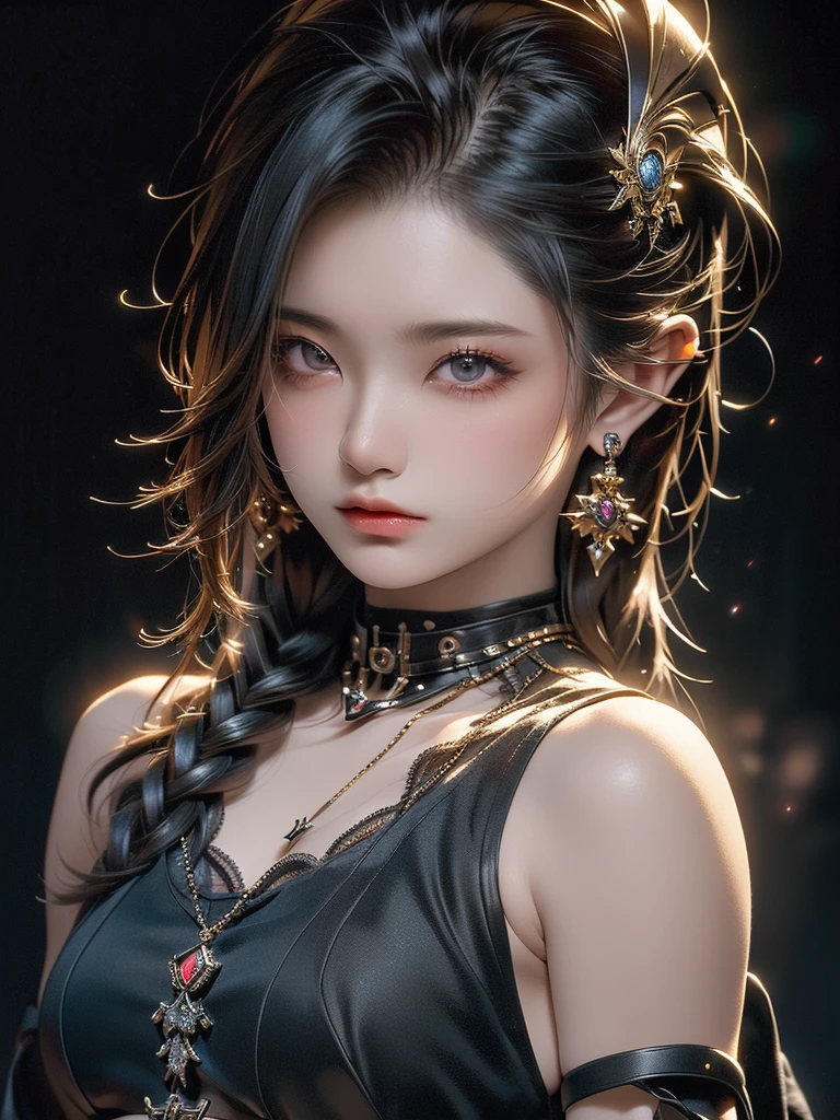 ((Highest quality)),(Ultra-high resolution),(Very detailed),(Detailed Description),((The best CG)),(masterpiece),Ultra-detailed art, Black background、Dramatic lighting1.2、Gives off a radiant aura、semi-long、(((Mid-shot photo 1.5)))、Black and revealing、Always look at the viewer with a sharp gaze、
