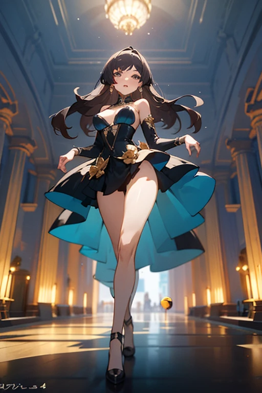 creates a 24-year-old anime girl with an Amber ball gown and a miniskirt with wide hips and breasts in a landscape of a luxurious and famous party hall