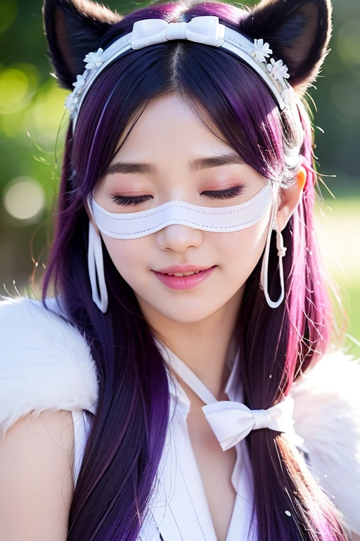 ((personalized-eye-mask)), ((printed mask)), ((patterned eye mask)), string hair Love, purple hair, ((realist)), ((Photorealism)), ((photorealist)), ((cosplay)), ((real life)), 1 girl, Alone, Closed eyes, black fur, multicolor fur, blush, leather trim, fur-trimmed shelter, SMILE, shelter, purple hair, wide, ((eye mask)), hits, Closed mouth, bow, flying sweat drops, white shelter, Love, Sales, two tone hair, Upper part of the body, white bow, hair ornament