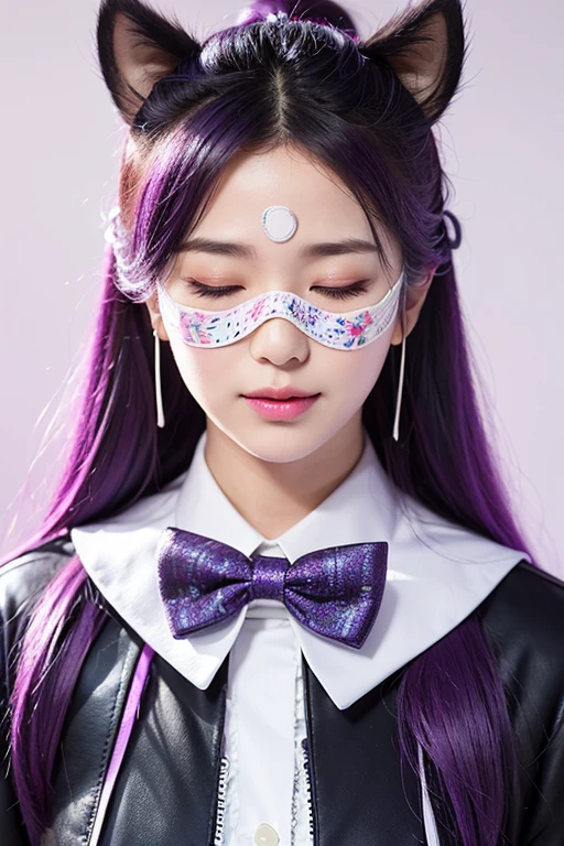((personalized-eye-mask)), ((printed mask)), ((patterned eye mask)), string hair Love, purple hair, ((realist)), ((Photorealism)), ((photorealist)), ((cosplay)), ((real life)), 1 girl, Alone, Closed eyes, black fur, multicolor fur, blush, leather trim, fur-trimmed shelter, SMILE, shelter, purple hair, wide, ((eye mask)), hits, Closed mouth, bow, flying sweat drops, white shelter, Love, Sales, two tone hair, Upper part of the body, white bow, hair ornament