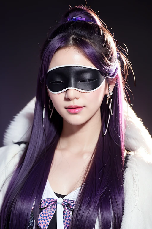 ((personalized-eye-mask)), ((printed mask)), ((patterned eye mask)), string hair Love, purple hair, ((realist)), ((Photorealism)), ((photorealist)), ((cosplay)), ((real life)), 1 girl, Alone, Closed eyes, black fur, multicolor fur, blush, leather trim, fur-trimmed shelter, SMILE, shelter, purple hair, wide, ((eye mask)), hits, Closed mouth, bow, flying sweat drops, white shelter, Love, Sales, two tone hair, Upper part of the body, white bow, hair ornament