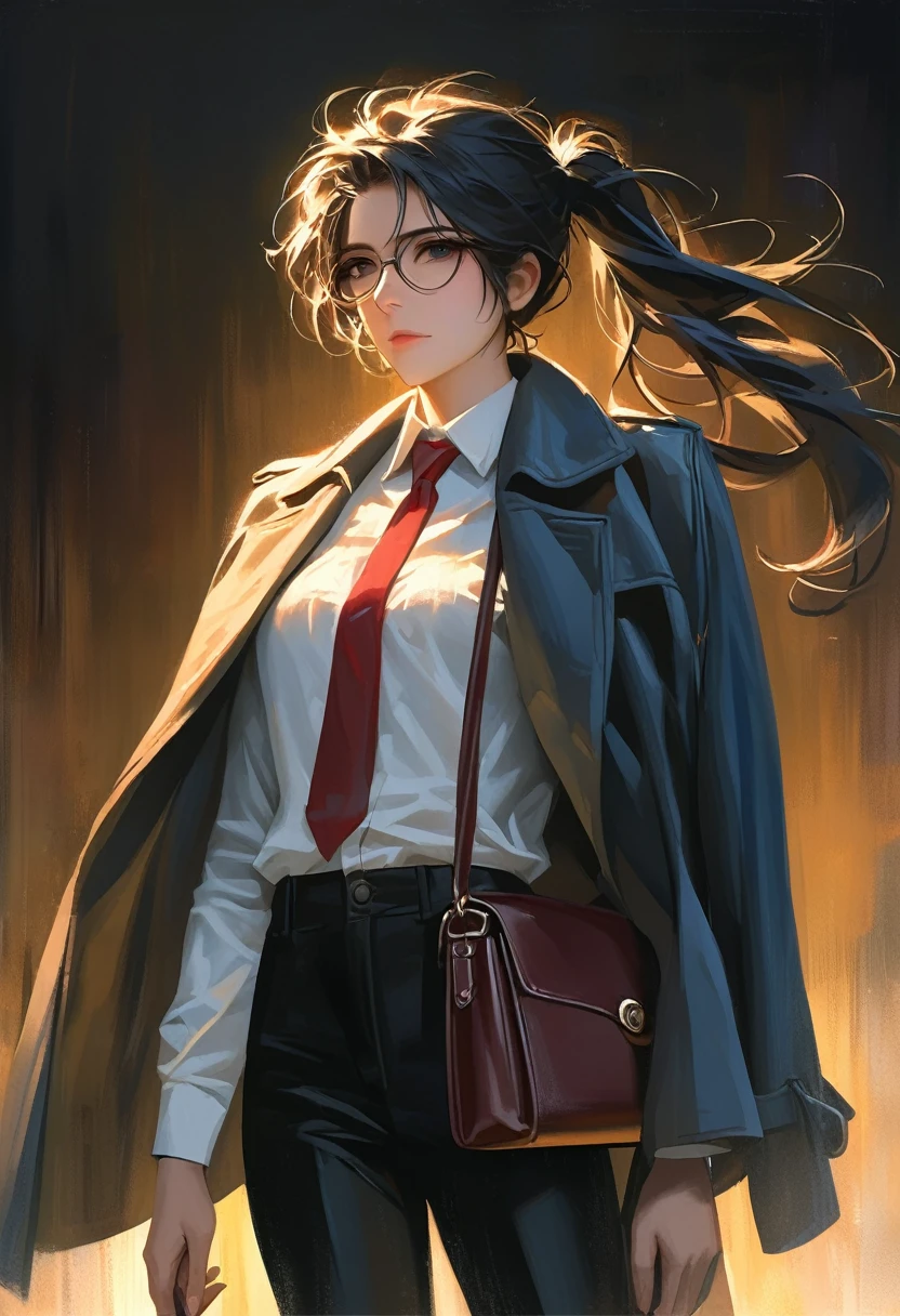 ((adult)), (woman), ((tall)), Moses from distortion detective, masterpiece, best quality, dark aura, black hair with white strips, ((pony tail hair)), (messy hair) , ringed dark eyes, glasses, plain white shirt, coat over shoulders, white shirt, messy red necktie, black pants, carrying a robust leather bag, (faint smile), realistic anime style, (oil painting), dark old manor background, night, impasto.