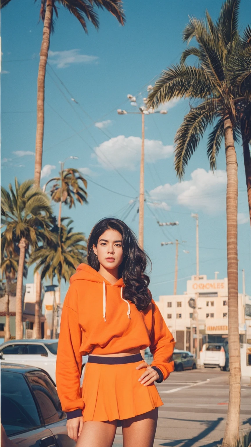 long shot portrait of cute 23 yo girl, (natural big breast) ,wear ((orange color oversized hoodie)), wear ((purple tennis skirt)),looking front,Best Quality,Masterpiece,Ultra High Resolution,(Realisticity:1.4),Original Photo, 1Girl, light leak,ultra high resolution,UHD,beautiful, (black bob hair), almond eye, no makeup, in front of (80's mondrian architecture motel), (realistic:1.2), (surreal:1.3), (very detailed:1.1), ((masterpiece)),summer, blue sky, palm trees,sunny, los angles vibes,film camera, 800mm lens,style of Philip Lorca diCorcia