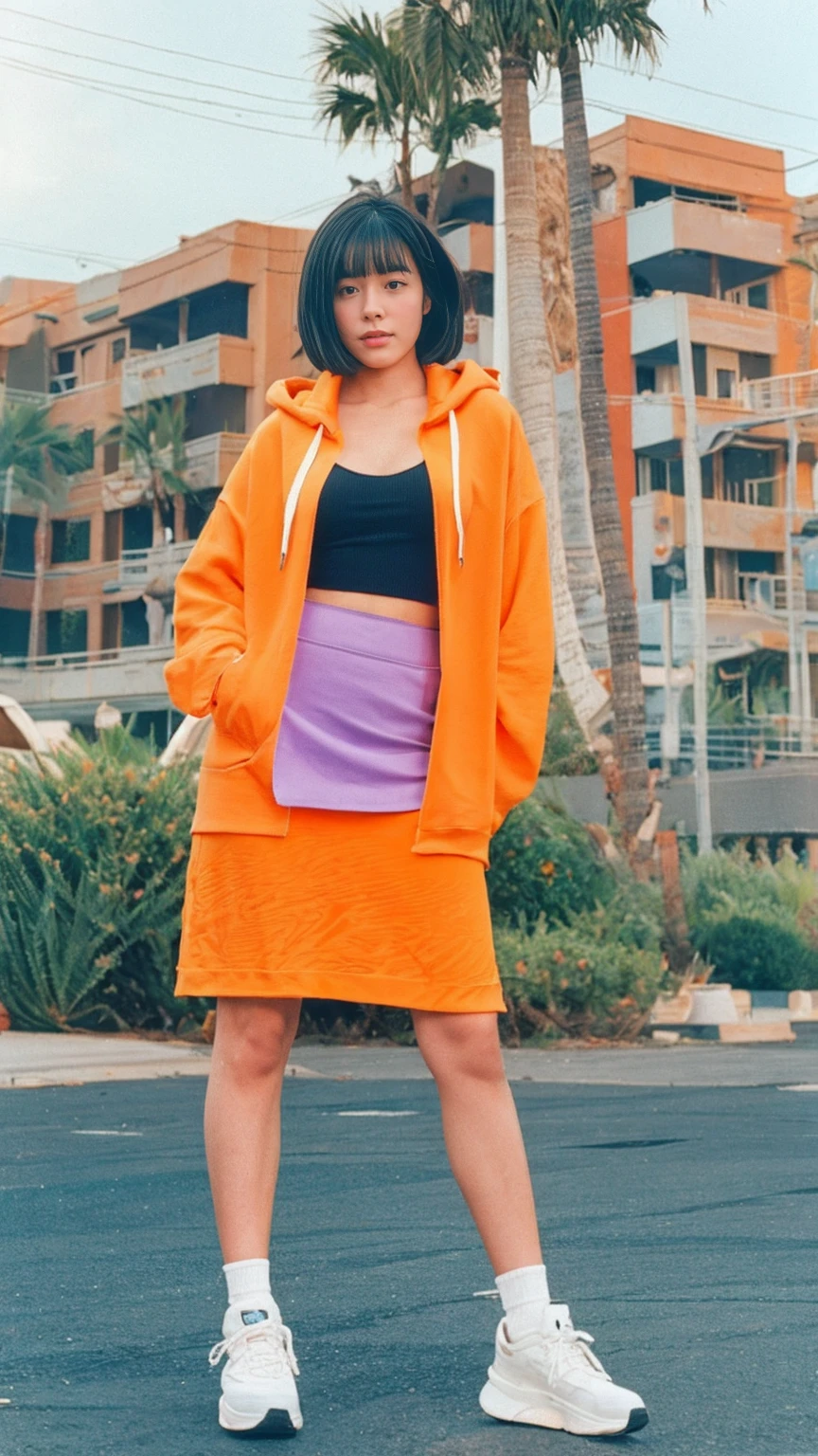 long shot portrait of cute 23 yo girl, (natural big breast) ,wear ((orange color oversized hoodie)), wear ((purple tennis skirt)),looking front,Best Quality,Masterpiece,Ultra High Resolution,(Realisticity:1.4),Original Photo, 1Girl, light leak,ultra high resolution,UHD,beautiful, (black bob hair), almond eye, no makeup, in front of (80's mondrian architecture motel), (realistic:1.2), (surreal:1.3), (very detailed:1.1), ((masterpiece)),summer, blue sky, palm trees,sunny, los angles vibes,film camera, 800mm lens,style of Philip Lorca diCorcia