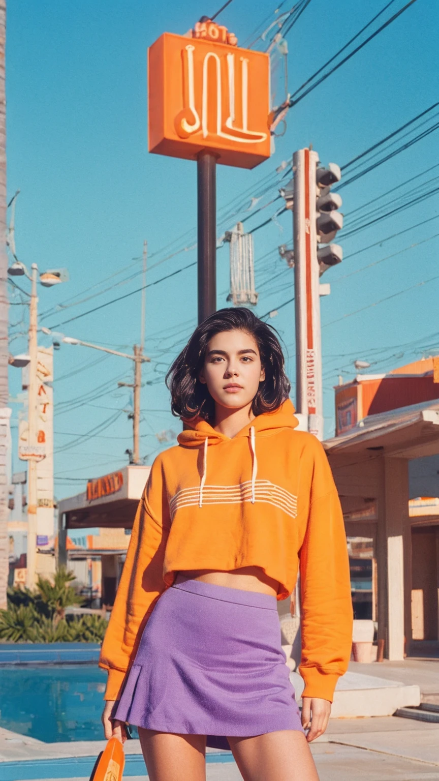 long shot portrait of cute 23 yo girl, (natural big breast) ,wear ((orange color oversized hoodie)), wear ((purple tennis skirt)),looking front,Best Quality,Masterpiece,Ultra High Resolution,(Realisticity:1.4),Original Photo, 1Girl, light leak,ultra high resolution,UHD,beautiful, (black bob hair), almond eye, no makeup, in front of (80's mondrian architecture motel), (realistic:1.2), (surreal:1.3), (very detailed:1.1), ((masterpiece)),summer, blue sky, palm trees,sunny, los angles vibes,film camera, 800mm lens,style of Philip Lorca diCorcia