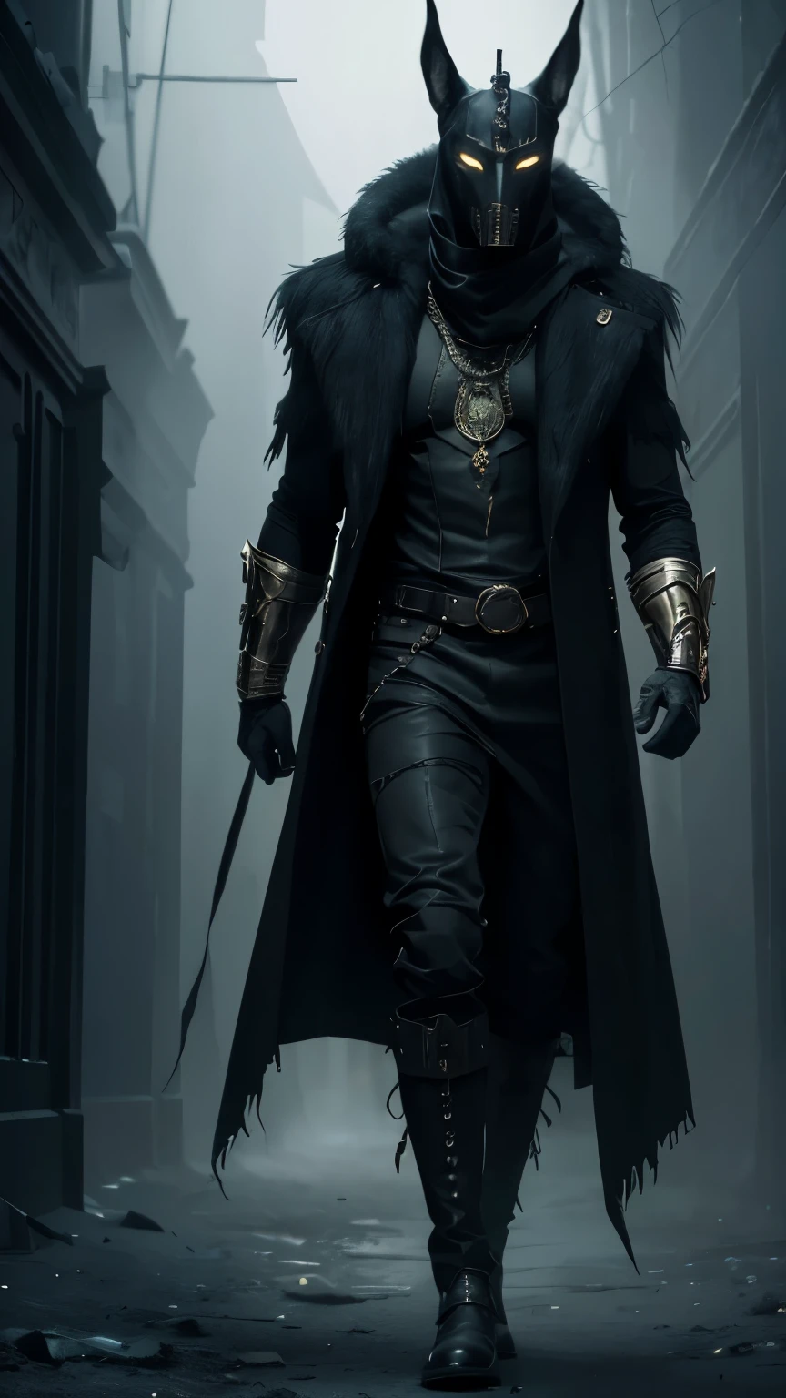 (best qualityer,realisitic,high resolution:1.2),A tall man dressed up as Anubis for Halloween, detailed Anubis mask, eyeshadows,Bold background,Dark, moody lighting,worn boots,worn-out clothes with Egyptian references,dramatic pose,spotted coat,dark expression (horor,fot,extremely detaild:1.1),bright coloured,gritty texture,Discreet lighting,Horrible creatures lurking in the background,delicately textured skin,mysterious atmosphere,dark aura,hauntingly beautiful.