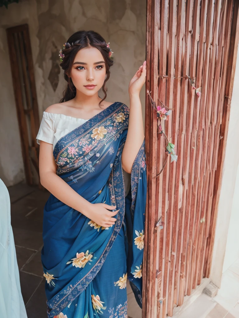 a beautiful girl with long wavy hair, beautiful detailed eyes, beautiful detailed lips, extremely detailed face, longeyelashes, flower crown, in a lush garden with colorful flowers, sunlight, warm colors, cinematic lighting, 8k, ultra-detailed, photorealistic, intricate details, vibrant colors, magical realism