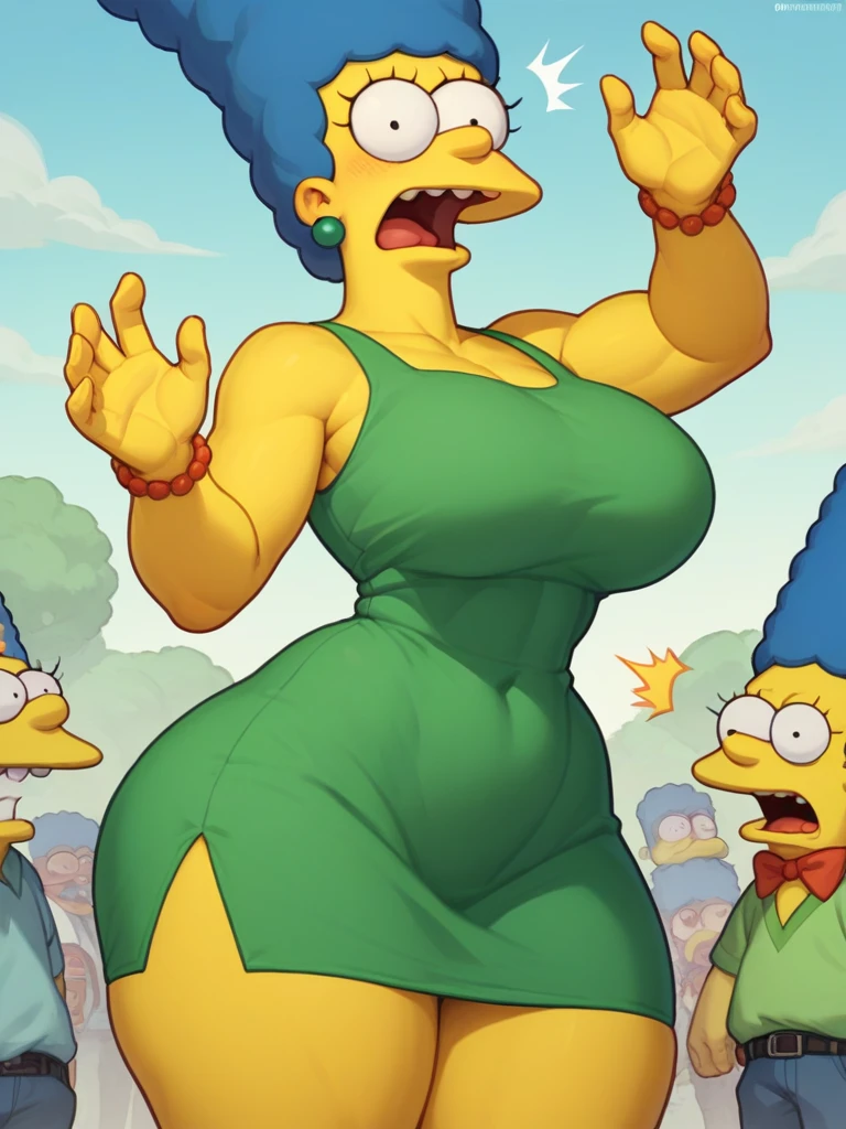 margue simpson, huge tits con enormes muslos anchos, huge tits, surprised expression, ojos mirando sus huge tits, short green dress, blue fur, yellow skin, big thighs