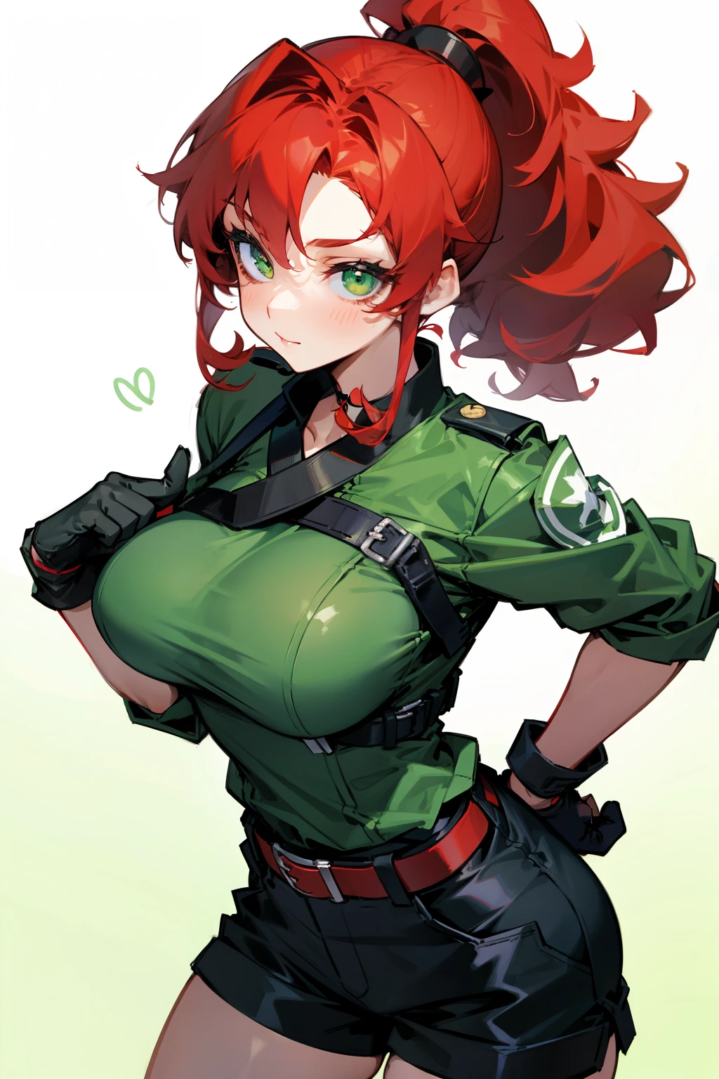 Cute girl, red hair, curly ponytail, green eyes, sexy features, big breasts, green gloves, black belt, short pants