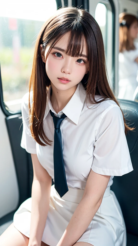 (masterpiece, Highest quality:1.2), 8K, 15 years, 85mm, Official Art, RAW Photos, absurdes, White dress shirt, Pretty face, close, Upper Body, violet, Gardenia, beautiful girl, , (Navy Pleated Skirt:1.1), Squeeze the waist, Thighs, Short sleeve, in the train, sit on bench seat, View your audience, No makeup, (smile:0.4), Film Grain, chromatic aberration, Sharp focus, Face Light, Bright lighting, , Detailed face, Bokeh Background, (Dark red tie:1.1) Upper body naked