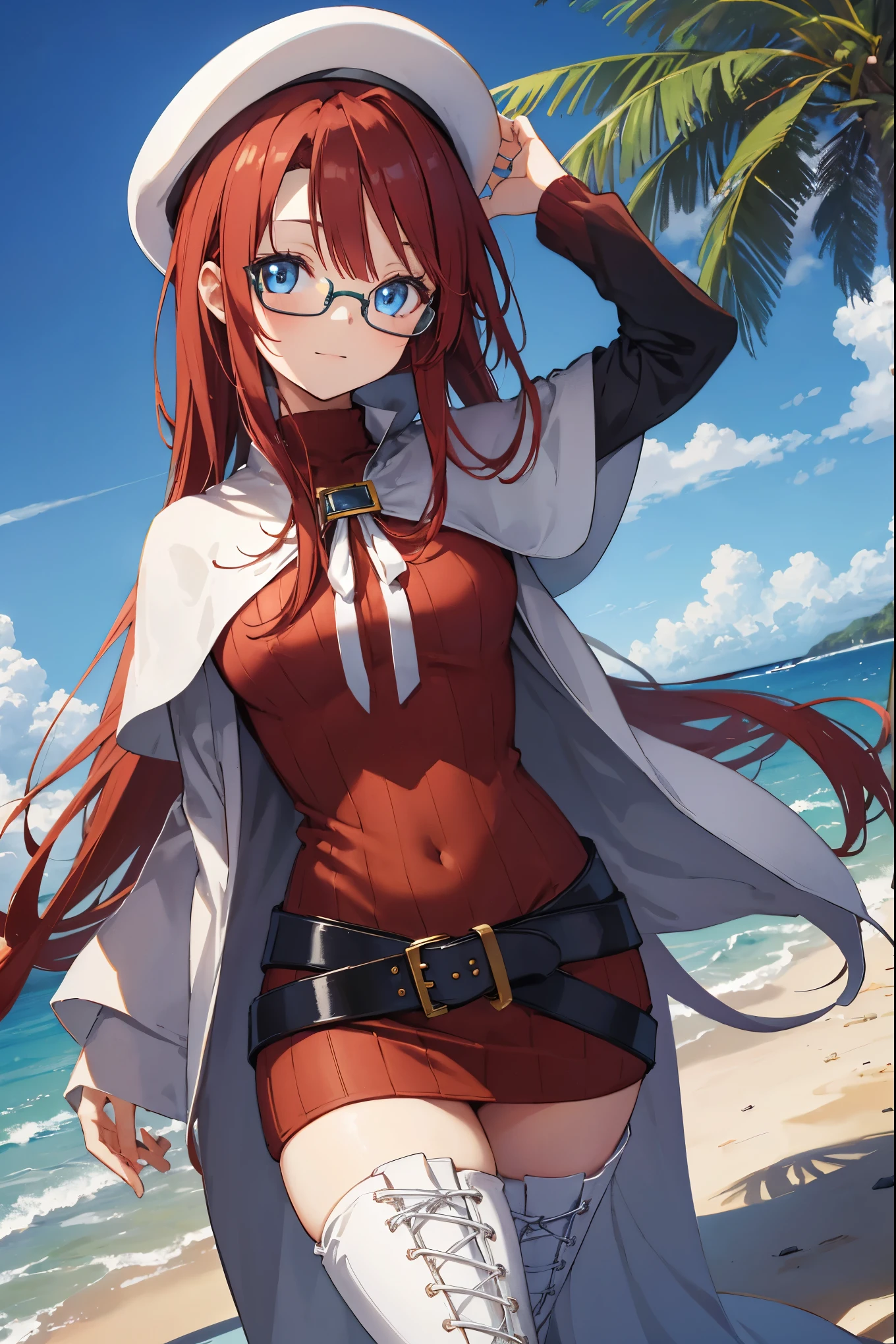 summonnightaty, aty, (young:1.3),long hair, blue eyes, red hair, big_tits, hat, glasses,
BREAK long hair, thighhighs, hat, dress, naked_legs, glasses, belt, cape, sweater, zettai ryouiki, beret, thigh boots, white footwear, ribbed sweater, loose belt,solo,
BREAK outdoors, fantasy,on_beach,
,Highquality_hads,perfect_fingers,
BREAK (masterpiece:1.2), best quality, high resolution, unity 8k wallpaper, (illustration:0.8), (beautiful detailed eyes:1.6), extremely detailed face, perfect lighting, extremely detailed CG, (perfect hands, perfect anatomy),covered_nipples,covered_navel ,half_eyes,long_sword,sleepy_eyes,red_sweater,apart_knees,magical_effect,spread_legs, have_a_book,teacher,rise_knee,Smile,rise_hand,look_down_viewer,spread_arms,sea​_waves,looking_into,blue_sky,plump,open_mouth, dynamic_posing,solo